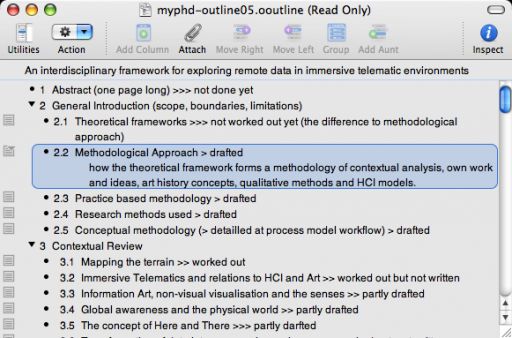 Using Omnioutliner to organise outline art and design phd thesis.