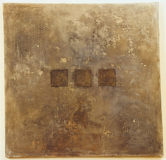 Bilde 16: 110x110 cm, sand, acsylic, pigment, paper and oil on canvas mars 2002.