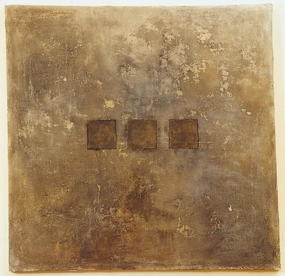 Bilde 16: 110x110 cm, sand, acsylic, pigment, paper and oil on canvas mars 2002.